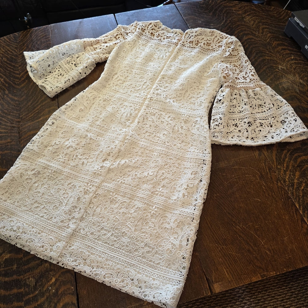Lauren Ralph Lauren white lace tan underlay top bell-sleeve sheath dress Size 2 - Picture 7 of 13